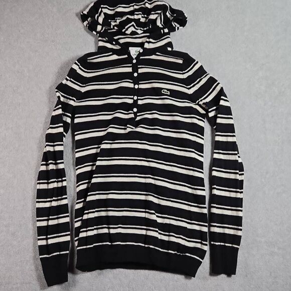 Lacoste Womens Top Henley Sweater Hoodie Cashmere Blend  Size 34 Striped Small - Picture 1 of 12